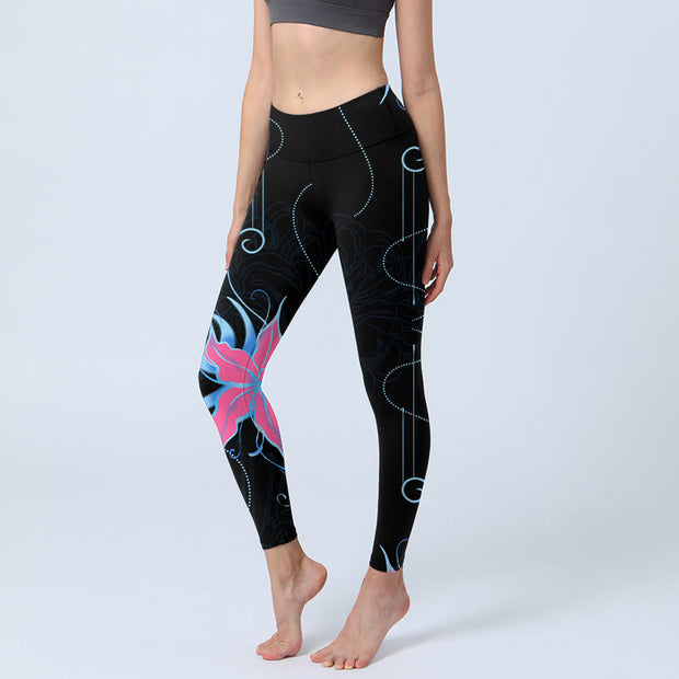 Buddha Stones Black Pink Blue Flowers Print Fitness Leggings Women's Yoga Pants