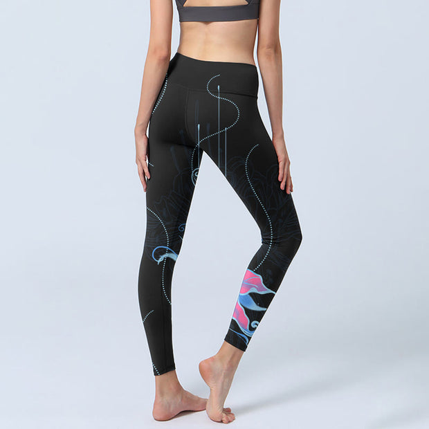 Buddha Stones Black Pink Blue Flowers Print Fitness Leggings Women's Yoga Pants