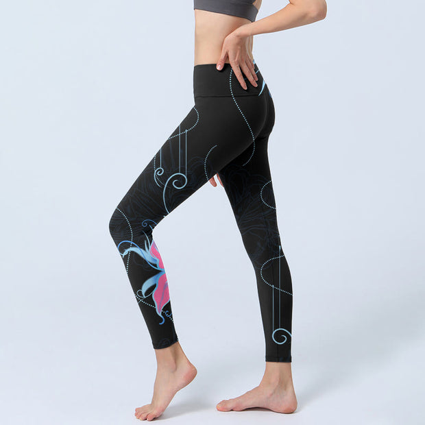 Buddha Stones Black Pink Blue Flowers Print Fitness Leggings Women's Yoga Pants