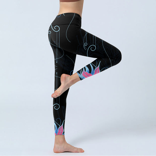 Buddha Stones Black Pink Blue Flowers Print Lycra Fabric Fitness Leggings Women's Yoga Pants Leggings BS 2