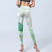 Buddha Stones Mint Green Lotus Leaf Dragonfly Print Lycra Fabric Exercise Leggings Women's Yoga Pants