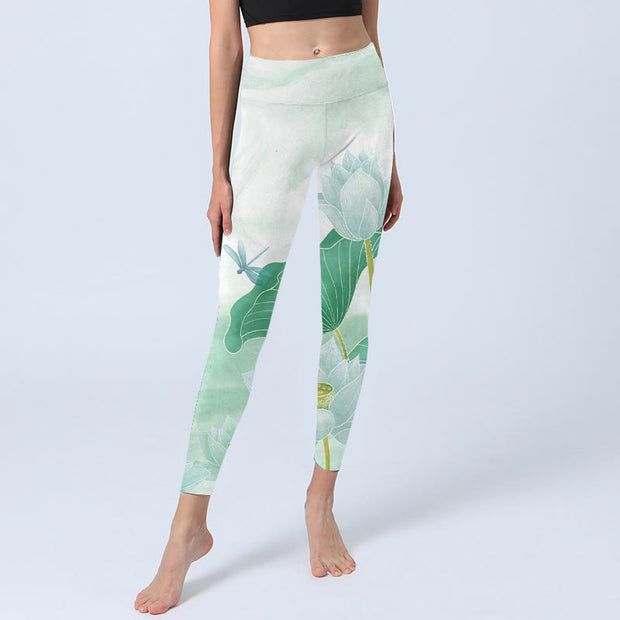 Buddha Stones Mint Green Lotus Leaf Dragonfly Print Exercise Leggings Women's Yoga Pants