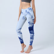 Buddha Stones Blue Bird Peony Print Lycra Fabric Sports Leggings Women's Yoga Pants