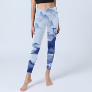 Buddha Stones Blue Bird Peony Print Lycra Fabric Sports Leggings Women's Yoga Pants