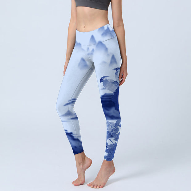 Buddha Stones Blue Bird Peony Print Lycra Fabric Sports Leggings Women's Yoga Pants Leggings BS LightBlue 4XL(Fit for US16; UK/AU20; EU48)