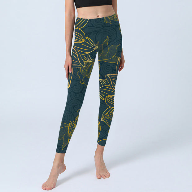 Buddha Stones Gray Golden Koi Fish Lotus Print Gym Leggings Women's Yoga Pants