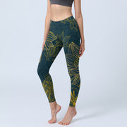 Buddha Stones Gray Golden Koi Fish Lotus Print Lycra Fabric Gym Leggings Women's Yoga Pants