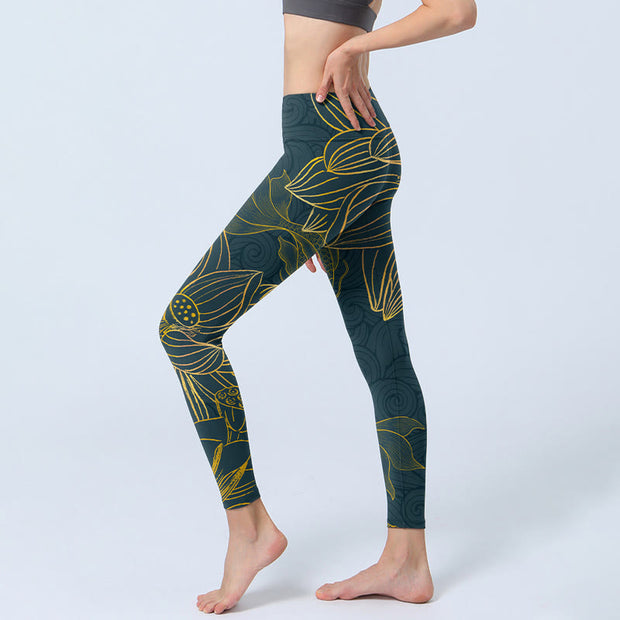 Buddha Stones Gray Golden Koi Fish Lotus Print Lycra Fabric Gym Leggings Women's Yoga Pants