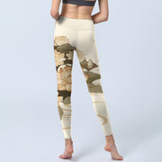 Buddha Stones Beige Lotus Flower Print Lycra Fabric Gym Fitness Leggings Women's Yoga Pants Leggings BS 3