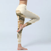 Buddha Stones Beige Lotus Flower Print Lycra Fabric Gym Fitness Leggings Women's Yoga Pants