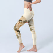 Buddha Stones Beige Lotus Flower Print Lycra Fabric Gym Fitness Leggings Women's Yoga Pants