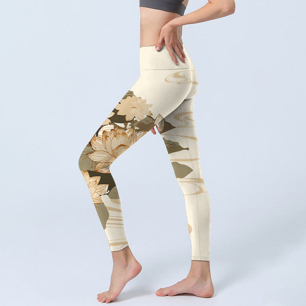 Buddha Stones Beige Lotus Flower Print Lycra Fabric Gym Fitness Leggings Women's Yoga Pants Leggings BS 2