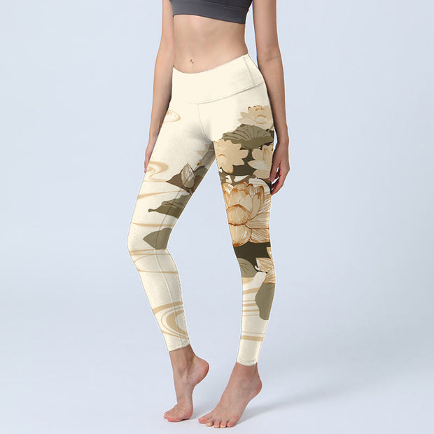 Buddha Stones Beige Lotus Flower Print Lycra Fabric Gym Fitness Leggings Women's Yoga Pants