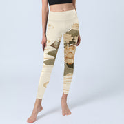 Buddha Stones Beige Lotus Flower Print Gym Fitness Leggings Women's Yoga Pants