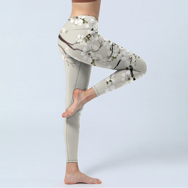 Buddha Stones White Magnolia Flower Print Sports Fitness Leggings Women's Yoga Pants