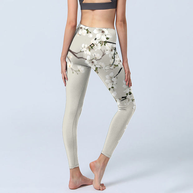 Buddha Stones White Magnolia Flower Print Lycra Fabric Sports Fitness Leggings Women's Yoga Pants