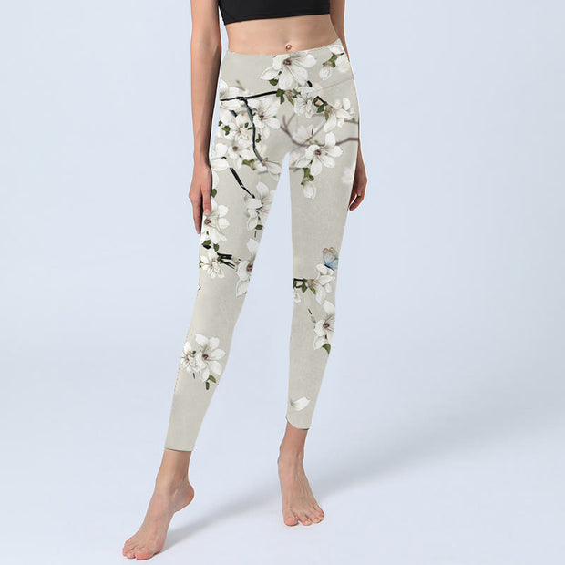 Buddha Stones White Magnolia Flower Print Lycra Fabric Sports Fitness Leggings Women's Yoga Pants Leggings BS 5