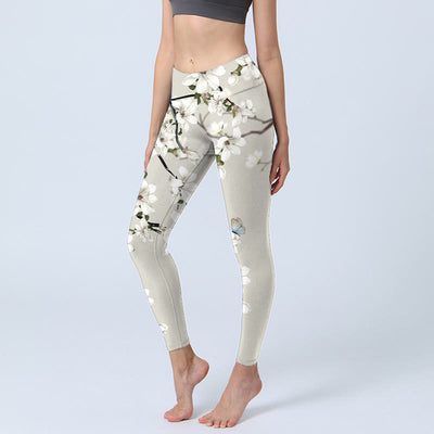 Buddha Stones White Magnolia Flower Print Lycra Fabric Sports Fitness Leggings Women's Yoga Pants Leggings BS Linen 4XL(Fit for US16; UK/AU20; EU48)