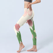 Buddha Stones Pink Tulip Flower Print Gym Fitness Leggings Women's Yoga Pants