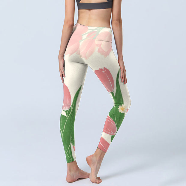 Buddha Stones Pink Tulip Flower Print Lycra Fabric Gym Fitness Leggings Women's Yoga Pants