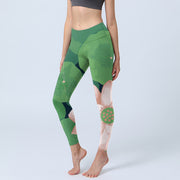 Buddha Stones Green Lotus Flower Leaf Print Sports Fitness Leggings Women's Yoga Pants