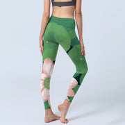 Buddha Stones Green Lotus Flower Leaf Print Lycra Fabric Sports Fitness Leggings Women's Yoga Pants