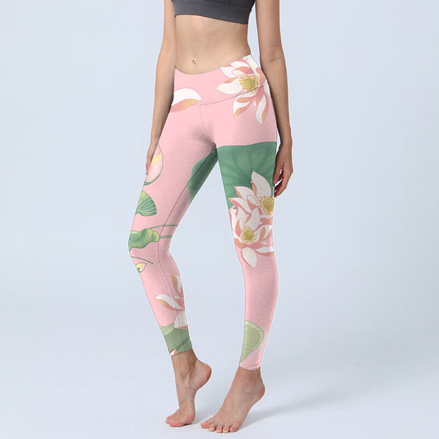 Buddha Stones Pink Lotus Flower Leaf Print Gym Fitness Leggings Women's Yoga Pants