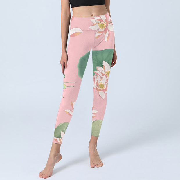 Buddha Stones Pink Lotus Flower Leaf Print Gym Fitness Leggings Women's Yoga Pants