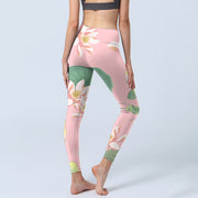 Buddha Stones Pink Lotus Flower Leaf Print Gym Fitness Leggings Women's Yoga Pants