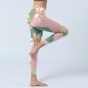 Buddha Stones Pink Lotus Flower Leaf Print Lycra Fabric Gym Fitness Leggings Women's Yoga Pants Leggings BS 4