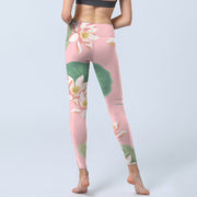 Buddha Stones Pink Lotus Flower Leaf Print Gym Fitness Leggings Women's Yoga Pants