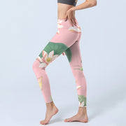 Buddha Stones Pink Lotus Flower Leaf Print Lycra Fabric Gym Fitness Leggings Women's Yoga Pants