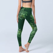 Buddha Stones Dark Green Lotus Flower Leaf Print Gym Fitness Leggings Women's Yoga Pants