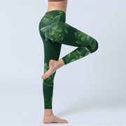 Buddha Stones Dark Green Lotus Flower Leaf Print Lycra Fabric Gym Fitness Leggings Women's Yoga Pants