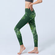 Buddha Stones Dark Green Lotus Flower Leaf Print Lycra Fabric Gym Fitness Leggings Women's Yoga Pants Leggings BS 2