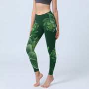 Buddha Stones Dark Green Lotus Flower Leaf Print Gym Fitness Leggings Women's Yoga Pants