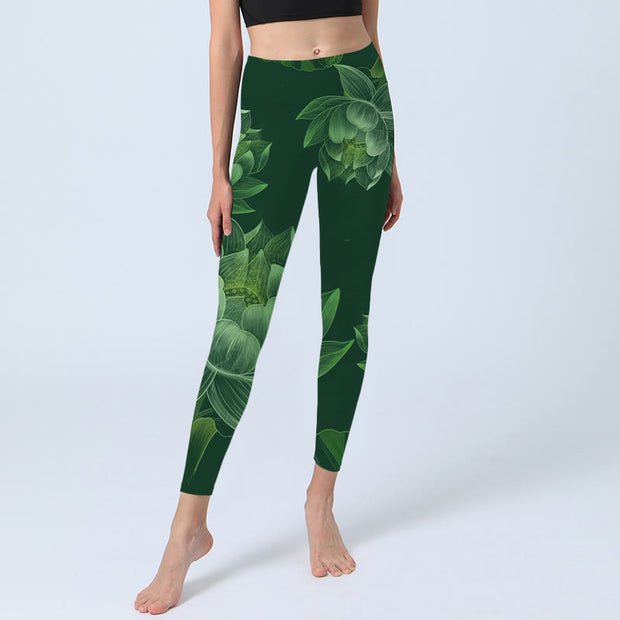 Buddha Stones Dark Green Lotus Flower Leaf Print Lycra Fabric Gym Fitness Leggings Women's Yoga Pants Leggings BS 5