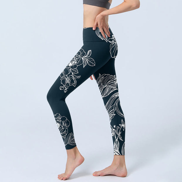 Buddha Stones Peony Epiphyllum Flowers Print Lycra Fabric Gym Fitness Leggings Women's Yoga Pants