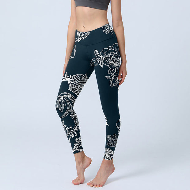 Buddha Stones Peony Epiphyllum Flowers Print Lycra Fabric Gym Fitness Leggings Women's Yoga Pants Leggings BS LightSlateGray 4XL(Fit for US16; UK/AU20; EU48)