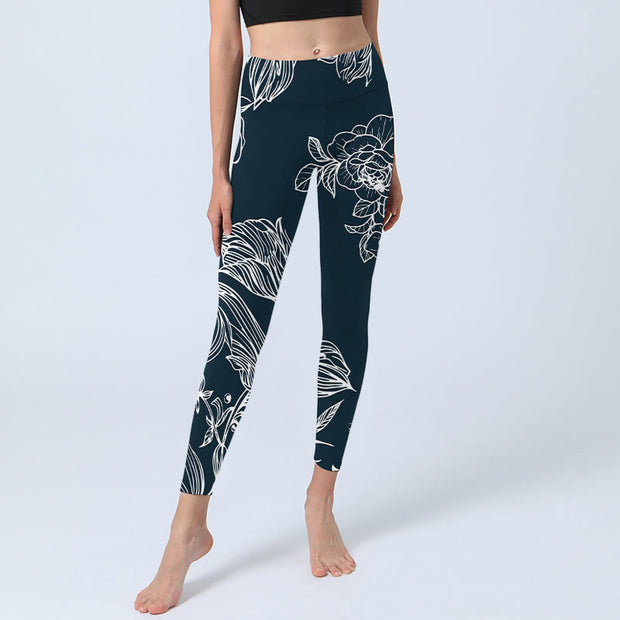 Buddha Stones Peony Epiphyllum Flowers Print Lycra Fabric Gym Fitness Leggings Women's Yoga Pants Leggings BS 6