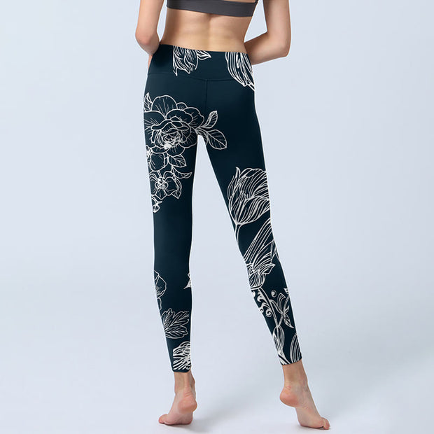 Buddha Stones Peony Epiphyllum Flowers Print Lycra Fabric Gym Fitness Leggings Women's Yoga Pants