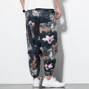 Buddha Stones Pink Lotus Ink Painting Print Cotton Men's Long Cropped Harem Pants With Pockets Men's Harem Pants BS 2