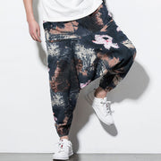 Buddha Stones Pink Lotus Ink Painting Print Cotton Men's Long Cropped Harem Pants With Pockets Men's Harem Pants BS 7