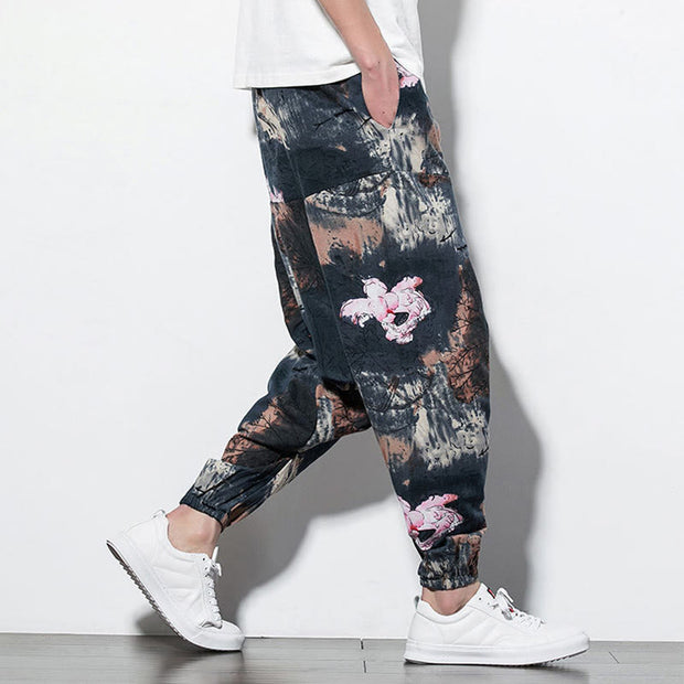 Buddha Stones Pink Lotus Ink Painting Print Cotton Men's Long Cropped Harem Pants With Pockets Men's Harem Pants BS 3