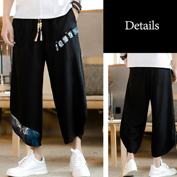 Buddha Stones Patchwork Design Drawstring Cotton Men's Cropped Pants With Pockets Men's Pants BS 19