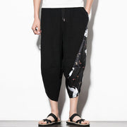 Buddha Stones White Crane Print Cotton Men's Cropped Harem Pants With Pockets Men's Harem Pants BS 2