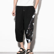 Buddha Stones White Crane Print Cotton Men's Cropped Harem Pants With Pockets Men's Harem Pants BS 6