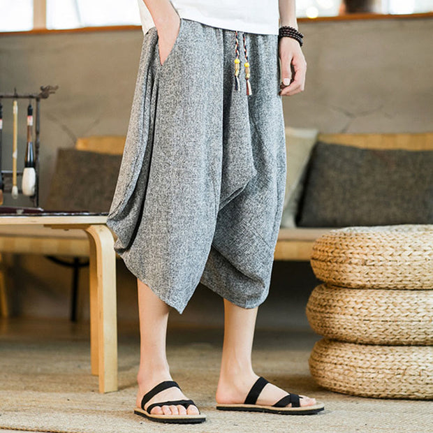 Buddha Stones Plain Design Drawstring Men's Cropped Pants With Pockets Men's Pants BS 17