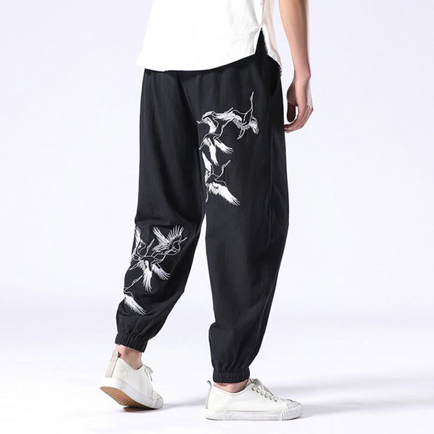 Buddha Stones White Crane Embroidery Design Drawstring Men's Harem Pants With Pockets Men's Harem Pants BS 26