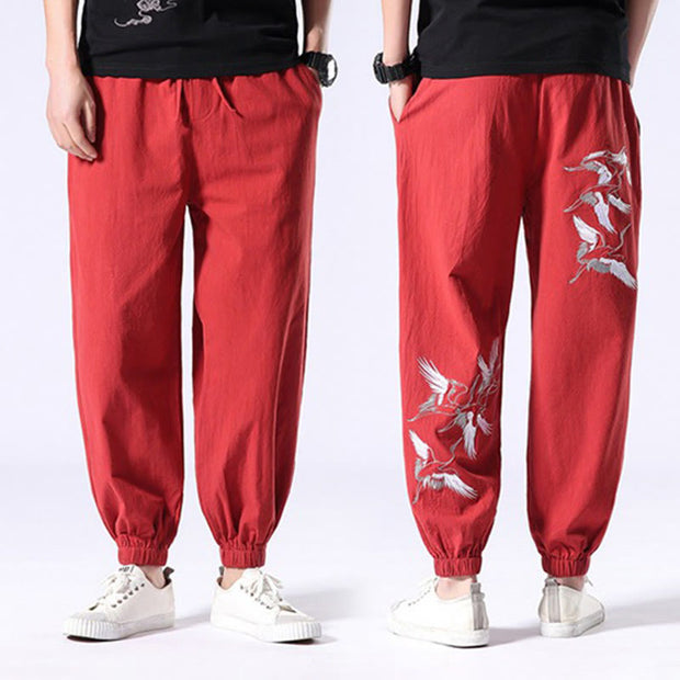 Buddha Stones White Crane Embroidery Design Drawstring Men's Harem Pants With Pockets Men's Harem Pants BS 16